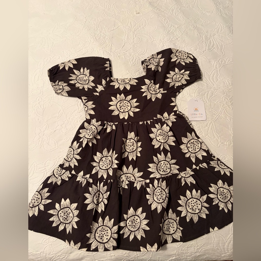 NWT Girls Little Co Gray Sunflower Print Casual Summer Dress